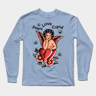 Vintage Cupid Tattoo, Peace and Love Long Sleeve T-Shirt